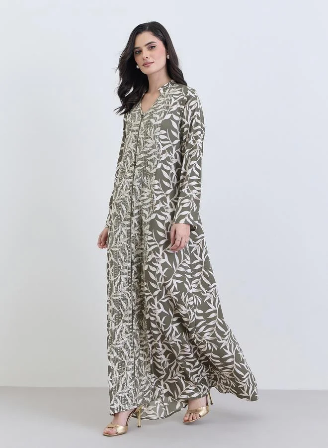 Amirah Women Green Leaf Print A-Line Abaya